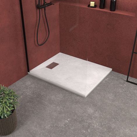 Plato Ducha Blanco Efecto Piedra 80x100cm y Rejilla patrón Lineal Inox (1/5)