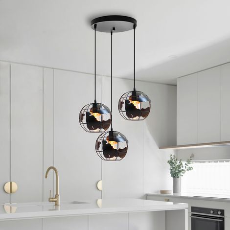 – Lustre suspension industrielle vintage noir – Abat-jour globe E27 20cm – Câble ajustable 100cm – 3 lampes pour salon et chambre (1/5)