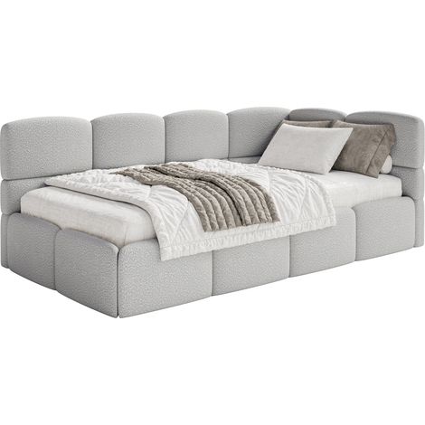 Selsey Cloudy – Jugendbett 120x200, Kopfteil rechts, Matratze & Bettkasten, Bouclé Hellgrau