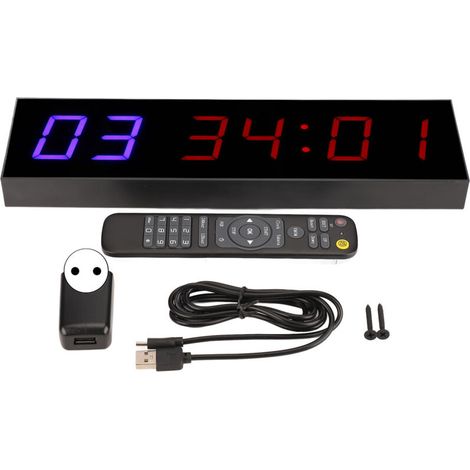 Gym Timer Wall Clock Fitness Timer 12/24 Hour Clock Stopwatch Countdown Timer Interval Timer 6 Bit 1.8in LED Clock Workout Timer with Remote Control (EU Plug) (1/4)