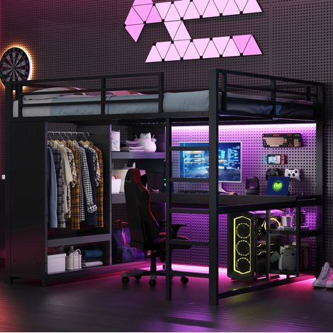 Cama alta con escritorio integrado y almacenamiento de metal negro HOMVRA (1/5)
