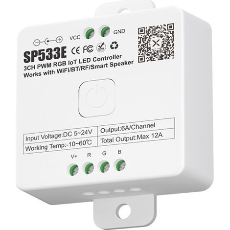 The SP533E dual-mode Bluetooth WiFi RGB PWM controller supports Baidu's Xiaodu, Xiaoai, and Google smart voice assistants.