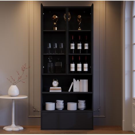 Vitrine 80x34x180 cm noire en MDF et verre avec LED, 1 tiroir et 6 niveaux (1/5)