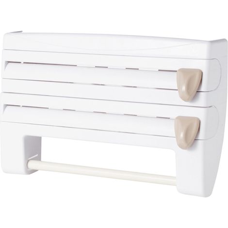 Étagère de rangement de cuisine 3 en 1 : distributeur de film alimentaire, support de rangement pour film étirable, coupe-film, porte-rouleau d'essuie-tout. (1/5)