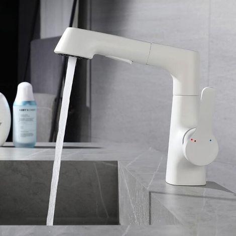 (White) Pull Down Bathroom Faucet Single Hole Bathroom Faucet with 2 Modes MUMU (1/4)