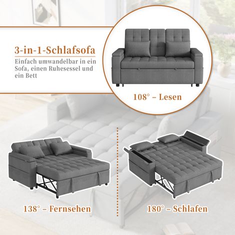 Schlafsofa 2-Sitzer mit verstellbarer Rückenlehne, Seitenfächern und Kissen, Baumwoll-Leinen Grau (1/5)