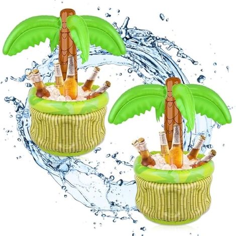 Lot de 2 Glacière Gonflable Palmier, Seau à Glace Gonflable Palmier avec Coco, Porte-boissons Flottant pour Piscine Plage Fête d'Été