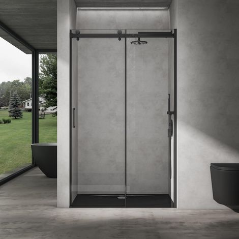 doporro Porta Doccia Box Doccia a Nicchia Cabina Bagno 140x195cm Porta Scorrevole in Vetro 8mm Temperato Trasparente Anticalcare incl. Nano Rivestimento Profilo Nero Teramo19K (1/5)