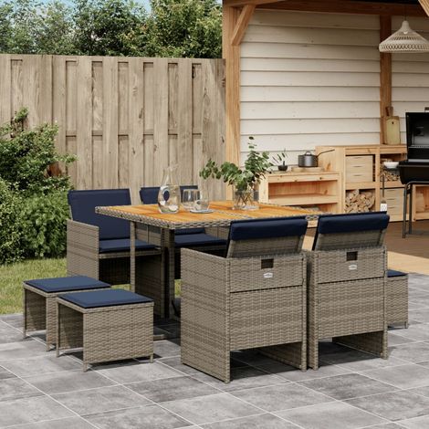9-teiliges Garten-Ess-Set mit Kissen, grau, Polyrattan (1/5)