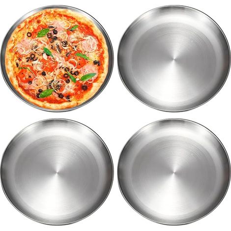 plaques à pizza rondes de 30 cm - En acier inoxydable - Assiettes à pizza - Passe au lave-vaisselle - pour le four, la pâtisserie, le service et la rôtissage (1/4)