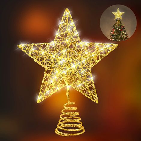 Des lumières dorées en forme d'étoiles ornent le sommet du sapin de Noël. Il y a 20 lumières LED au sommet du sapin. (1/5)
