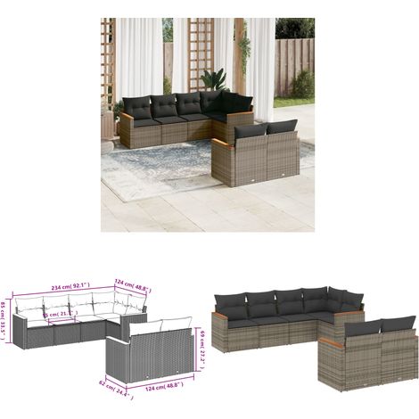 7-tlg. Garten-Sofagarnitur mit Kissen Grau Poly Rattan - Gartenmöbel - Outdoor Möbel - Rattan Sofa - Lounge Set - Esszimmergarnitur - Home & Living (1/3)
