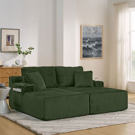 Canapé-lit - SOGEU - Relax 2 places - Tissu velours côtelé - Poche latérale & porte-gobelet - Coussins inclus (1/5)