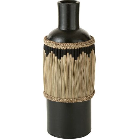 Vase poterie noir motifs terracotta et herbes naturel - Noir et beige naturel (1/2)