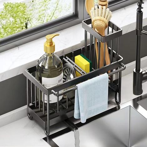 Porte-éponge évier cuisine multifonction acier inox 304 porte-brosse bac vidange rangement noir