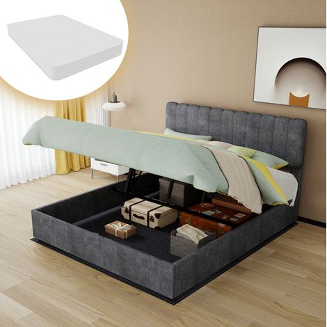 Letto imbottito 160x200 cm grigio in tessuto e metallo con testiera alta e materasso incluso (1/5)