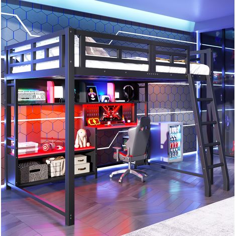 Cama alta de metal 140x200 cm con escritorio, LED y estantes, negro OKWISH (1/5)