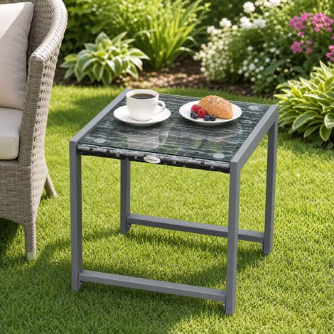 Quadratischer Garten-Beistelltisch aus Polyrattan mit Sicherheitsglas und Aluminium, Grau (1/5)