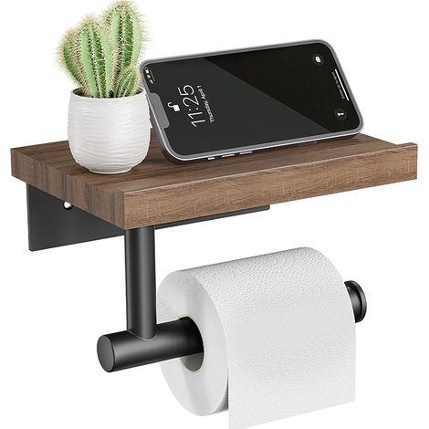 Porta carta igienica a parete con ripiano, porta rotolo di carta igienica a parete in legno, accessori per il bagno in acciaio inox nero opaco (rovere rosso)