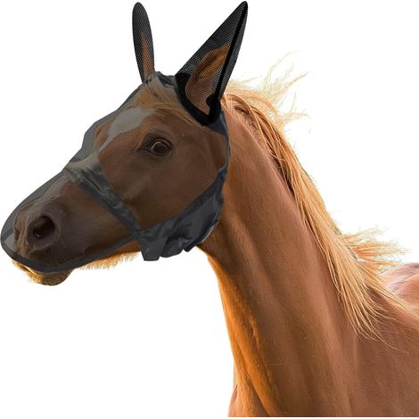 Masque anti-mouches pour cheval avec capuche en maille et cuir textile pour protection des oreilles et du nez (L) (1/5)