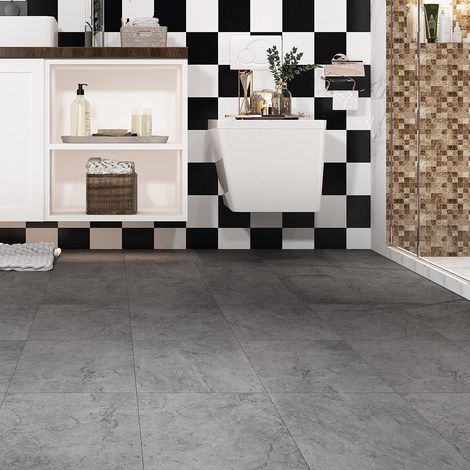 16 Dalles PVC Adhesive Sol Salle de Bain Lino Sol Effet Beton Revetement de Sols Carreau Ciment Gris Clair Imperméable Lame Adhesive Sols PVC Adhesif Cuisine Carrelage 30x30cm (1/2)