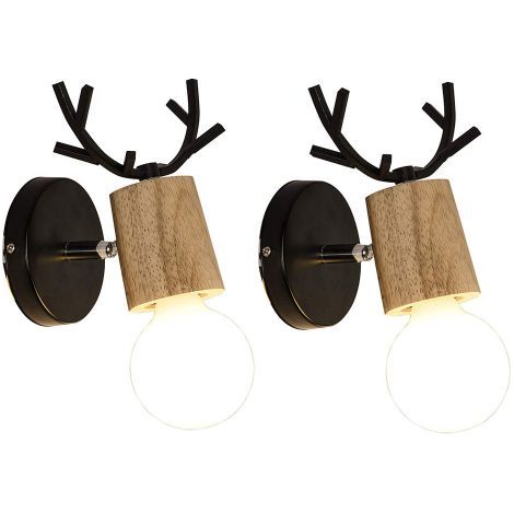 Applique murale cerf en bois noir – Lot de 2 – Lampe E27 pour éclairage intérieur chambre et escalier – Design rétro (1/4)