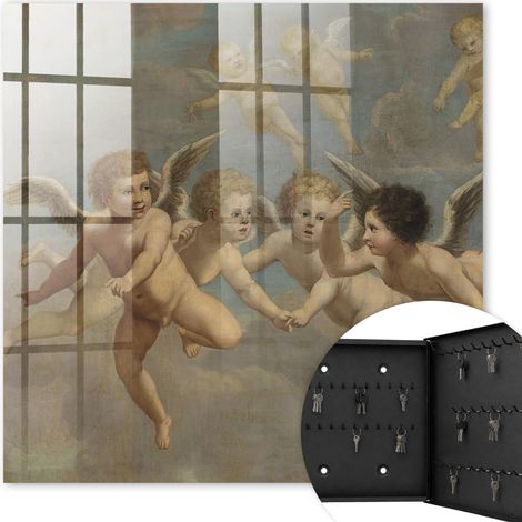 Armoire à clés - (30 cm x 30 cm) - Boîte à clés murale - Coffret de rangement pour clés - Couleur noire - Ouverture vers la droite - Pour maison et bureau - Anges volants Putti Peinture baroque (1/5)
