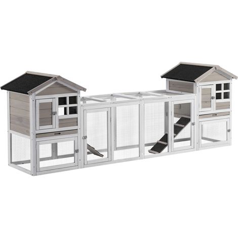 PawHut 2 in 1 Rabbit Hutch Outdoor Guinea Pig Hutch Bunny Run Double Main House with Run, No-Leak Tray 259 x 64 x 92cm, Grey (1/5)