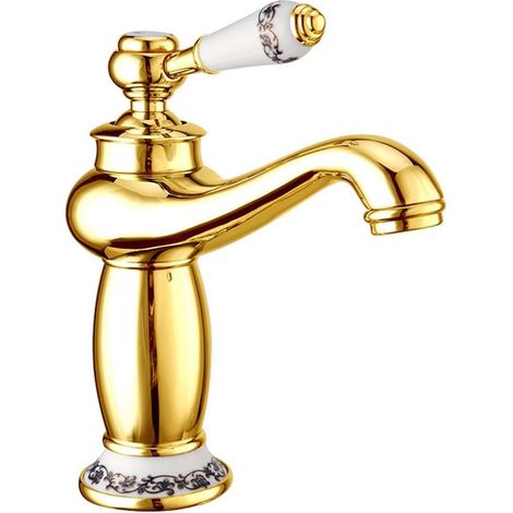 Messing-Waschtischarmatur, Einloch-Waschtischarmatur mit niedrigem Auslauf, Einhebelmischer, Warm-/Kaltwasser-Waschtischarmatur (gold) (1/5)