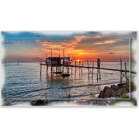 Lupia - Quadro moderno su Tela con Cornice stampata NEWEXT 75x135 cm, paesaggi localismi italiani, per casa soggiorno capezzale camera da letto hotel ufficio, PESCARA COSTA TRABOCCO ALBA (1/4)