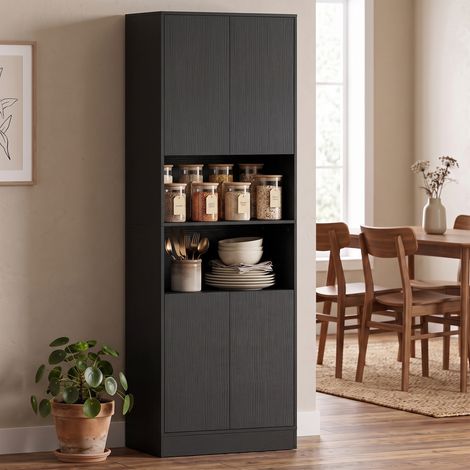 Buffet Haut Cuisine Armoire 4 Portes, Plan de Travail, 60x30x170 cm, Noir (1/5)