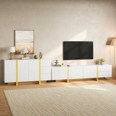 Conjunto mueble TV 190x35x45 cm y aparador 140x36x75 cm con frontal acanalado, almacenamiento, MDF/tablero de partículas blanco (1/5)