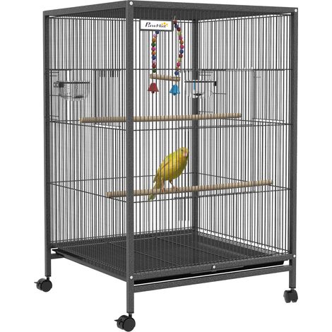 Gabbia per uccelli su supporti, gabbia su ruote con altalena, posatoi e vassoio scorrevole, 48 x 46 x 78 cm, acciaio nero