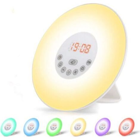 Radio despertador, lámpara de noche LED, control táctil, simulación de amanecer y atardecer, 10 niveles de luz, función de repetición de alarma, 6 sonidos de la naturaleza, 7 colores, luz nocturna par (1/5)