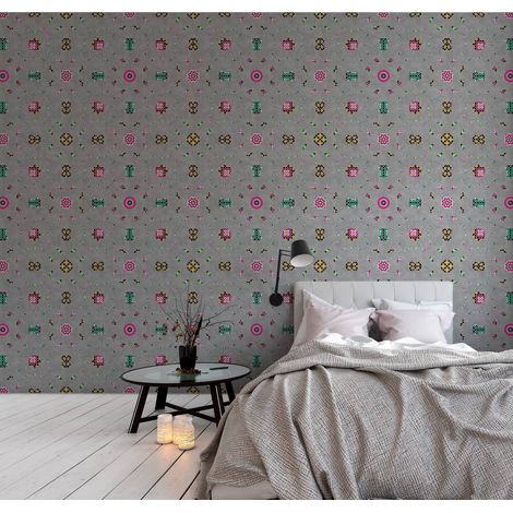 Papier peint panoramique oriental gris à motif | Tapisserie panoramique graphique moderne | Papier peint panoramique salon & bureau - 270 x 400 cm (4 pièces) (1/5)