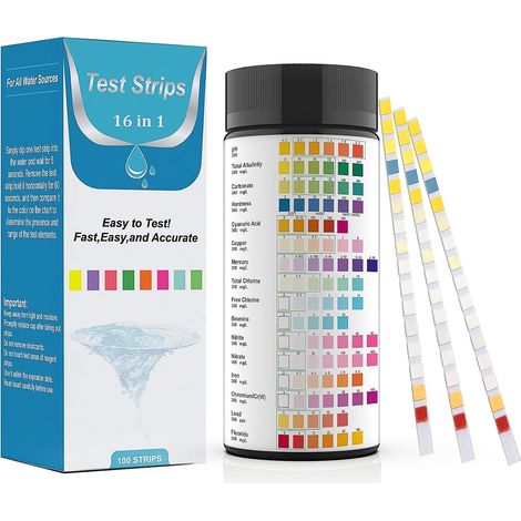16-en-1 Bandelettes de Test d'Eau (100 unités) – Analyse pH, Nitrites, Chlore, Dureté, Mercure (1/5)