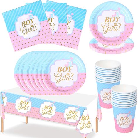 Vaisselle Gender Reveal, 16 Invités, Assiettes, Gobelets, Bleu Rose, Baby Shower, Fête, Décoration (1/5)
