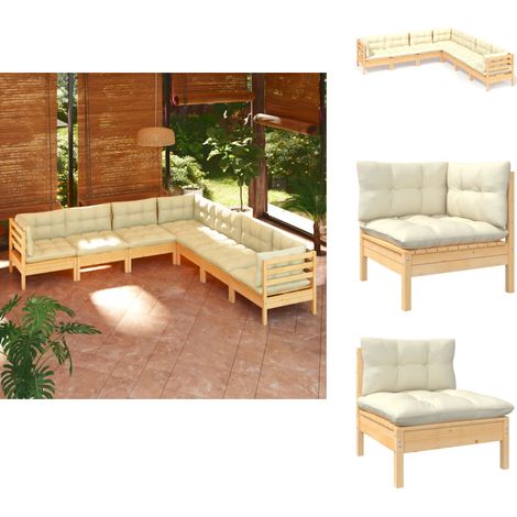 7-tlg. Garten-Lounge-Set mit Creme Kissen Massivholz Kiefer - Gartenzubehör - Lounge Set - Gartenmöbel - Esszimmergarnitur - Outdoor Möbel (1/5)