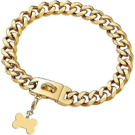 Collier pour chien en or 18 carats, chaîne cubaine 19 mm, fermoir sécurisé et étiquette d'identification inclus. Collier de promenade robuste et résistant aux morsures, maille cubaine 19 mm, pour chie (1/5)