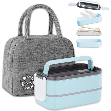 Bento Lunch Box Kit,1400 ml Double Couche Boite Repas avec Couverts et Sac Isotherme Repas, Hermétique Boîtes Bento pour Pique-Nique, Travail, Goûter, Bento Box pour Micro Ondes(Bleu) (1/5)