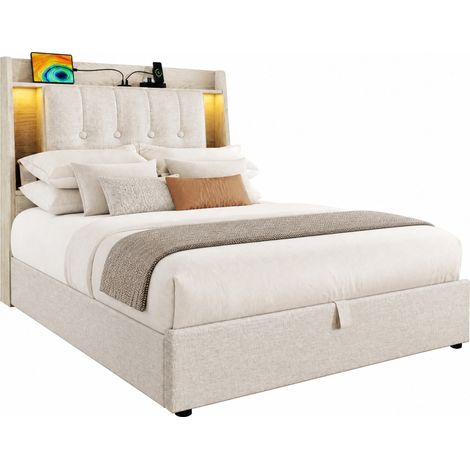 Cama canapé tapizada 90 x 200 cm de lino beige con LED, puertos USB y USB-C, sin colchón (1/5)