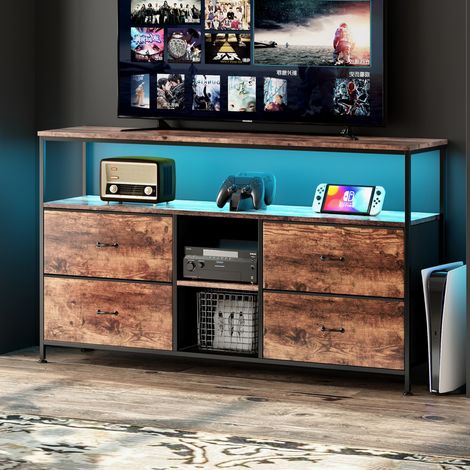 TV-Schrank 108 cm, mit 4 Schubladen in Tigerfelloptik, offenen Stauraumteilern, einstellbarer LED-Beleuchtung, Oberseite in Tigerfelloptik, Vintage-Stil, 108x30x78 cm – Walnuss