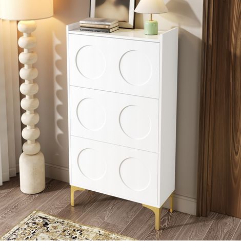 Zapatero 63x24x120 cm blanco de MDF con 3 puertas abatibles y patas metálicas doradas (1/5)