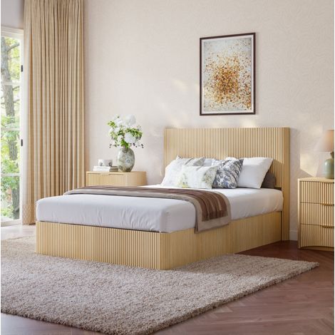 Letto contenitore 140 x 200 cm con sistema idraulico, scanalature, MDF, acciaio, rovere chiaro (1/5)