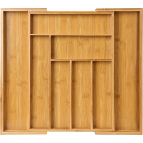 Organizzatore espandibile in bambù Elindor®, per riporre posate e utensili da cucina, forchette, cucchiai, coltelli, 8 scomparti, cassetto da 33 a 42,5 cm, supporto regolabile, divisorio spazioso per (1/5)