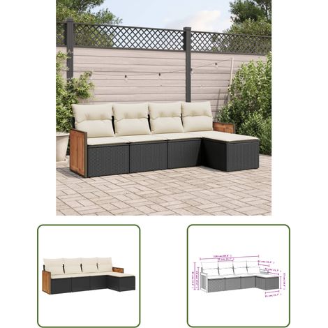 The Living Store Salon de jardin 5 pcs avec coussins noir résine tressée - Ensemble Salon De Jardin - Meuble De Jardin - Salon Extérieur - Résine Tressée - Rotin Synthétique (1/3)