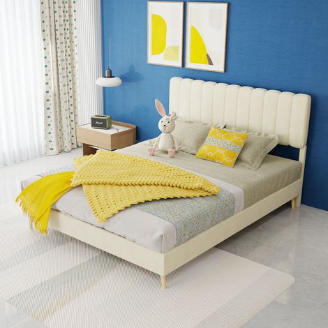 Letto imbottito moderno minimalista con testiera morbida, 140x200 cm, beige, mobili multifunzionali per la camera da letto, base a profilo basso senza spazio di stoccaggio (senza sollevamento a gas),  (1/5)