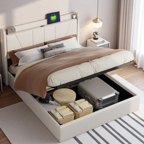 Lit Hydraulique 160x200 cm -Lit Coffre Adulte Double 2 Personnes avec 3 Ports de Charge -Tissu Lin Toile Naturel Beige Style Moderne (1/5)
