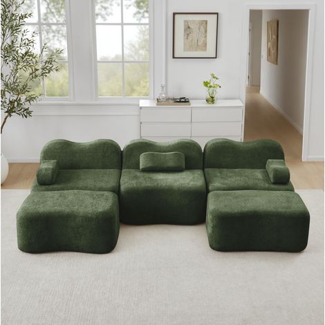 Canapé modulaire en velours vert, forme U, avec 2 ottomans, assise profonde (1/5)