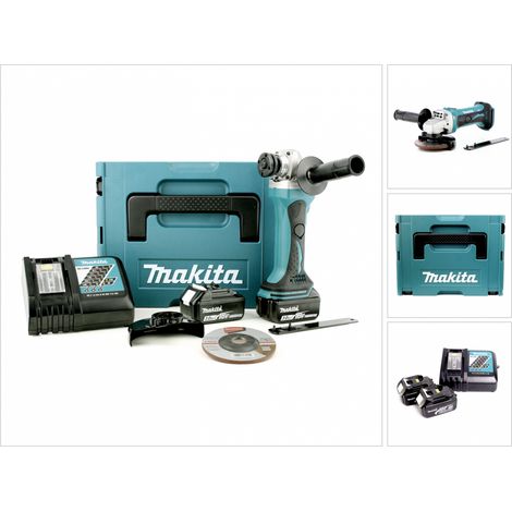 Makita BGA 452 RFJ Meuleuse d'angle sans fil 18V Li-ion 115 mm + 2x Batteries Makita BL1830 B + Chargeur Makita DC 18 RC + Coffret Makita Makpac taille 2